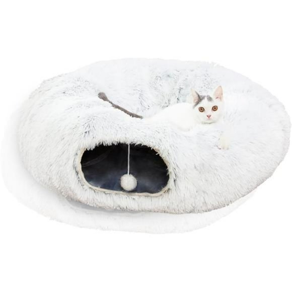 LUCKITTY Warm Fluffy Plush Cat Dog Tunnel Bed with Washable Cushion,White
